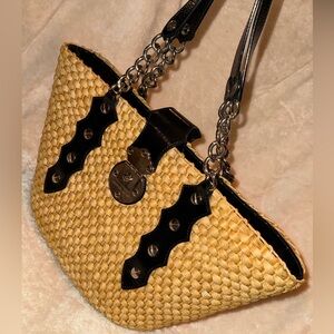 Large Michael Kors Santorini Raffia Straw Woven Tote Black Leather Shoulder Bag